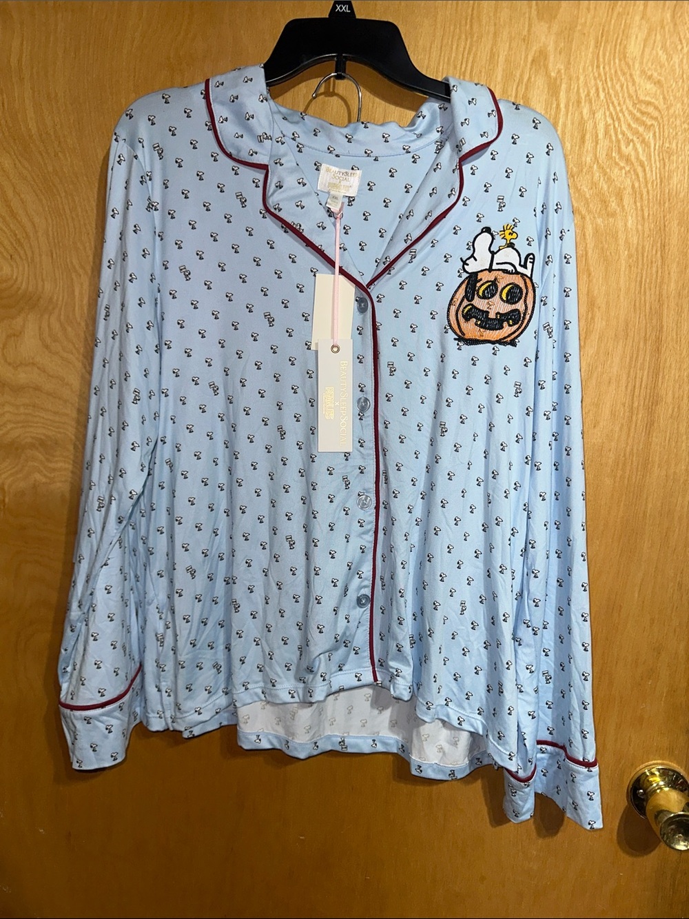 Peanuts Light Blue Pajama Set with Pumpkin Patch Patch and Burgundy Piping